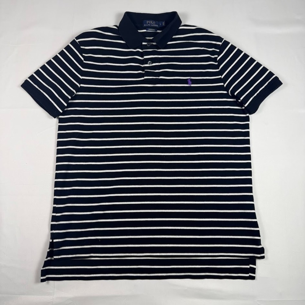 Polo Ralph Lauren Polo Shirt Mens L Black White Striped Purple Pony Stretch Mesh